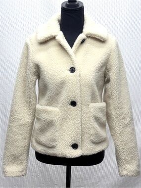 Abercrombie Sherpa Teddy Coat Womens XS Ivory Cropped Jacket Button Front